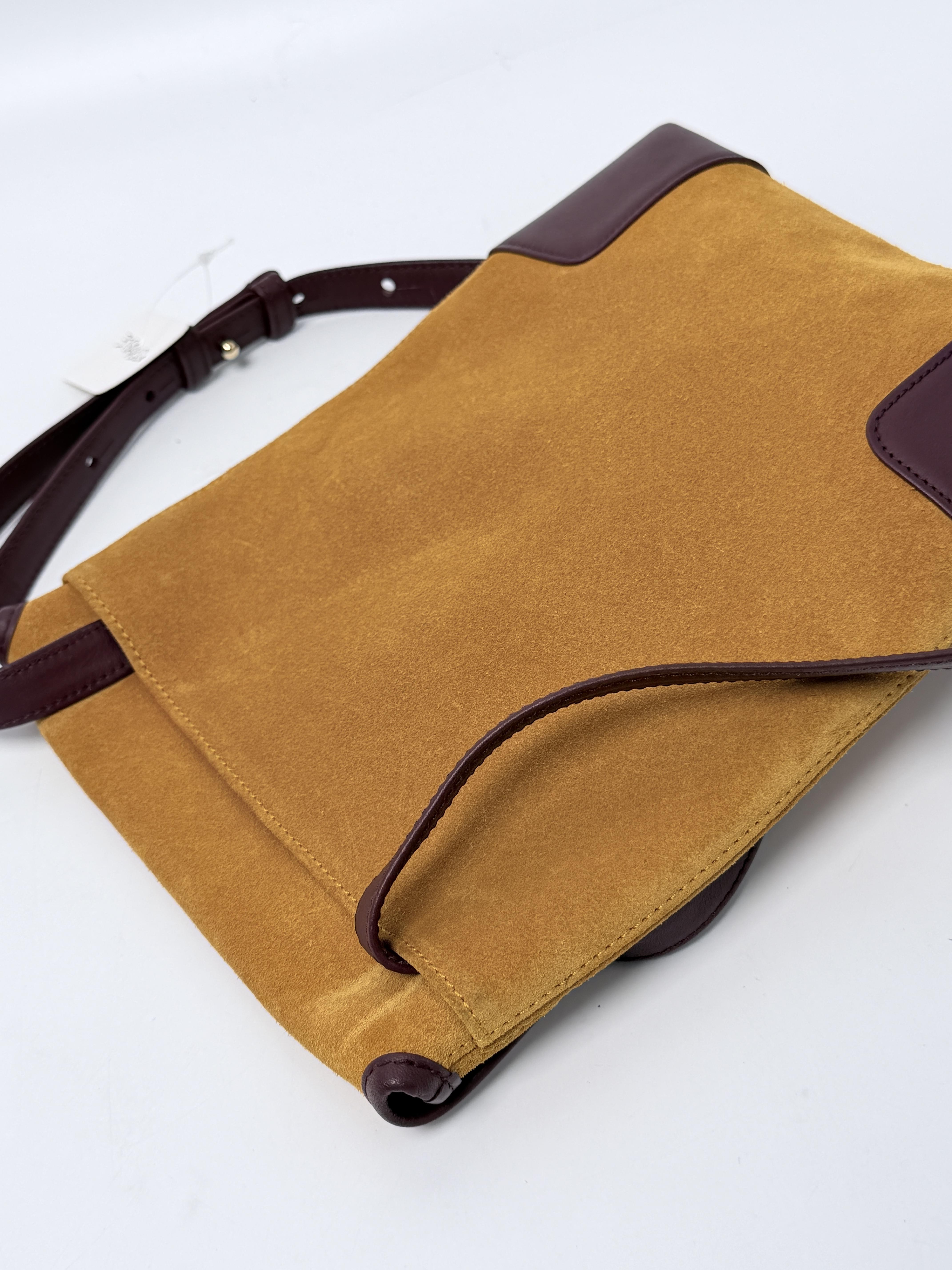 Vintage Anagram Mustard Suede Burgundy Leather Trim Crossbody Bag JP003LE