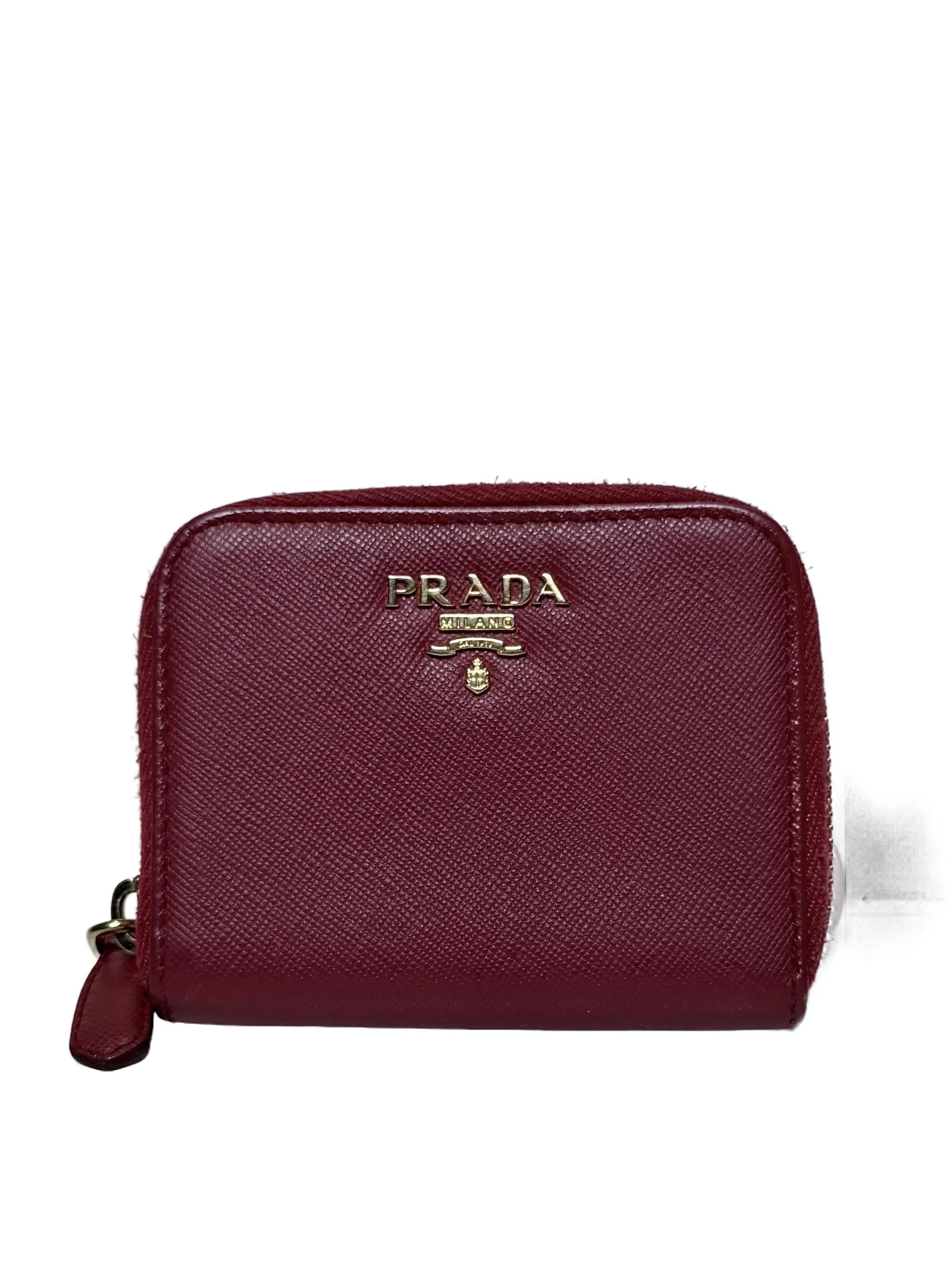 Pre-owned PRADA leather Small Leather Goods Authentic Saffiano Zippy Coin Purse Scarlet Red Mini with Moiré Lining & Gold Tone Hardware DE PR1