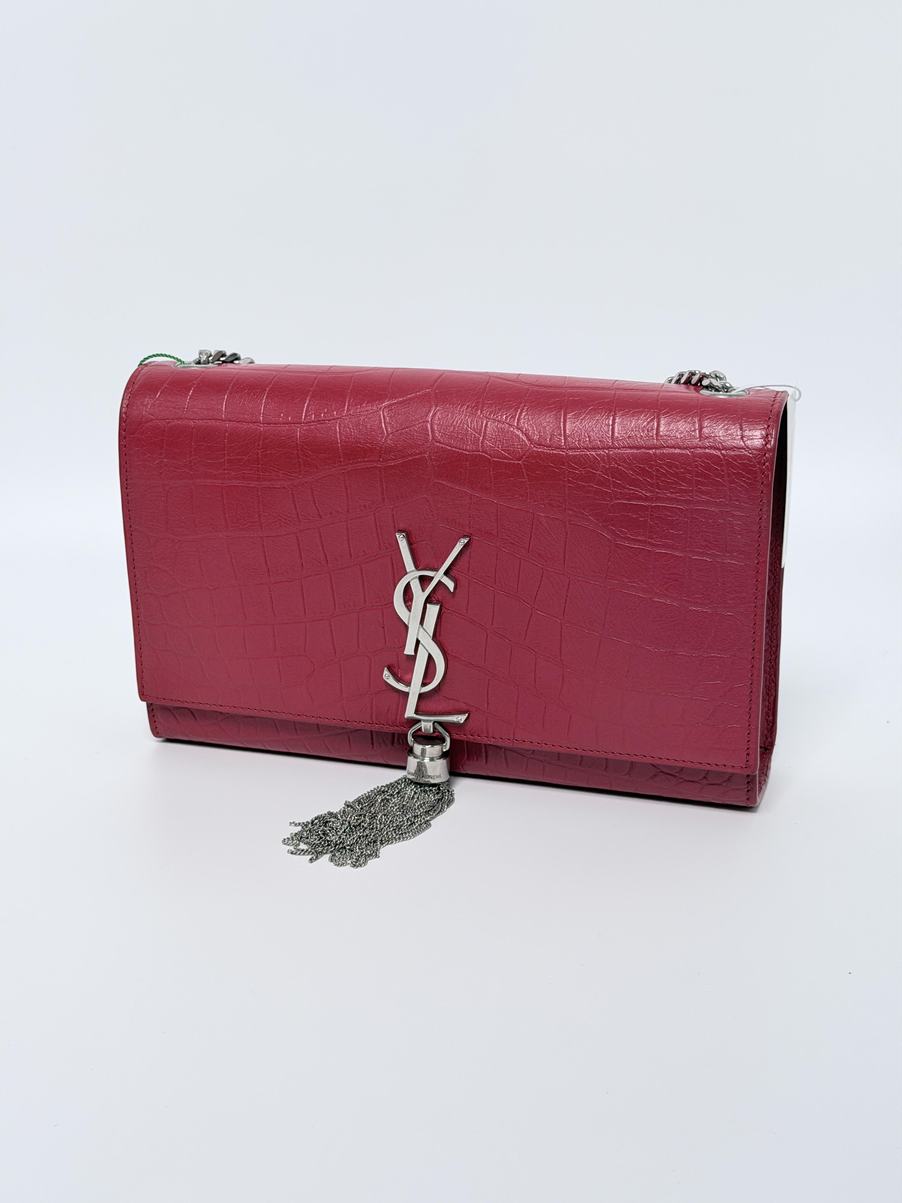 Pre-owned Yves Saint Laurent Leather Crossbody Bags Authentic Saint Laurent Kate Tassel Croc Embossed Chain Wallet in Pink Crossbody Bag SH065YS
