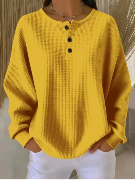 Nouveautés 🔥 Sweat à capuche décontracté femme, col Henley, maille gaufrée