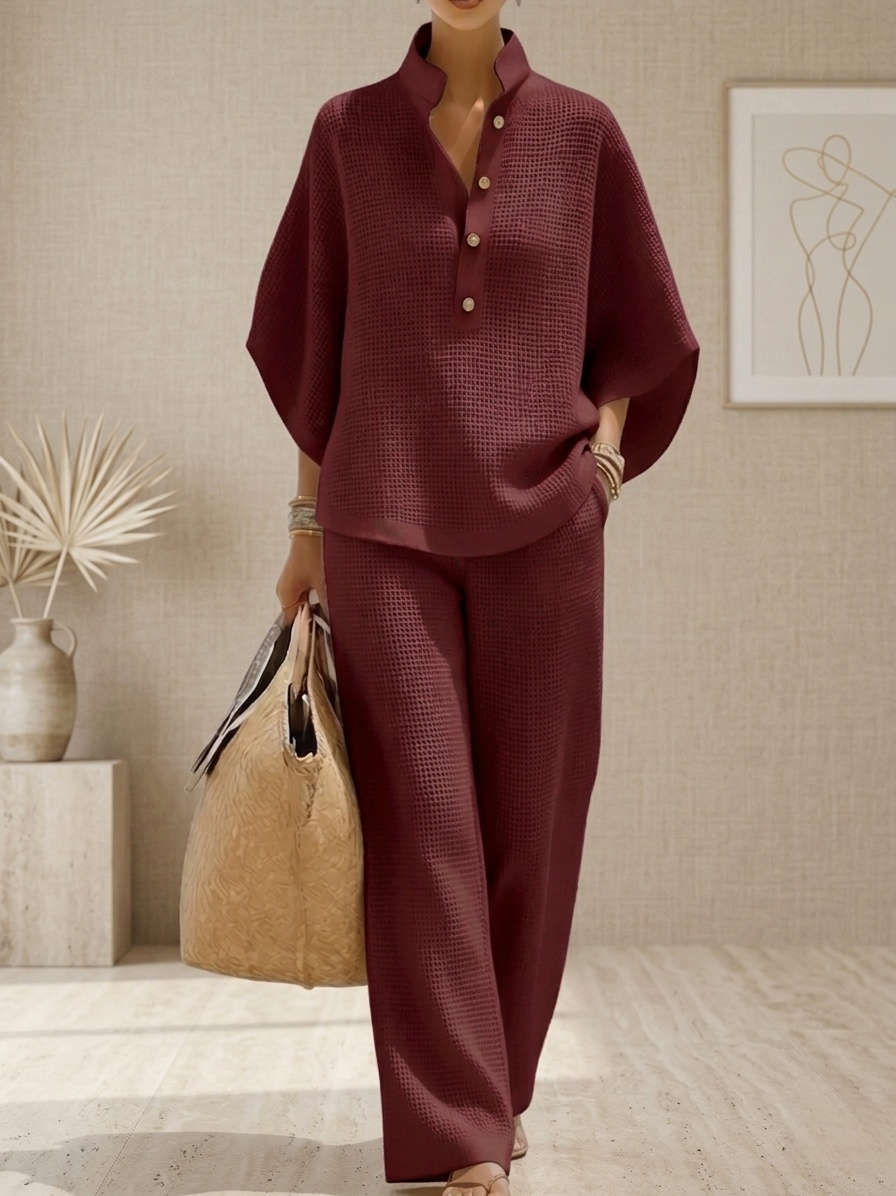 🔥 Nouveauté – Ensemble 2 pièces gaufré, chemise décontractée + pantalon large