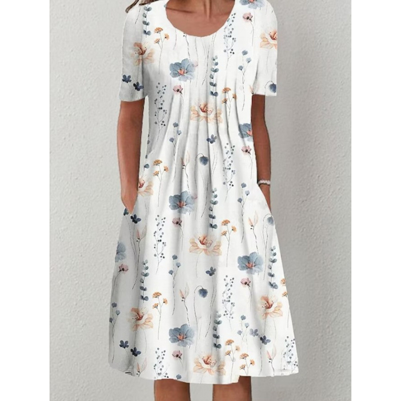 Robe femme col rond, manches courtes et imprimé floral