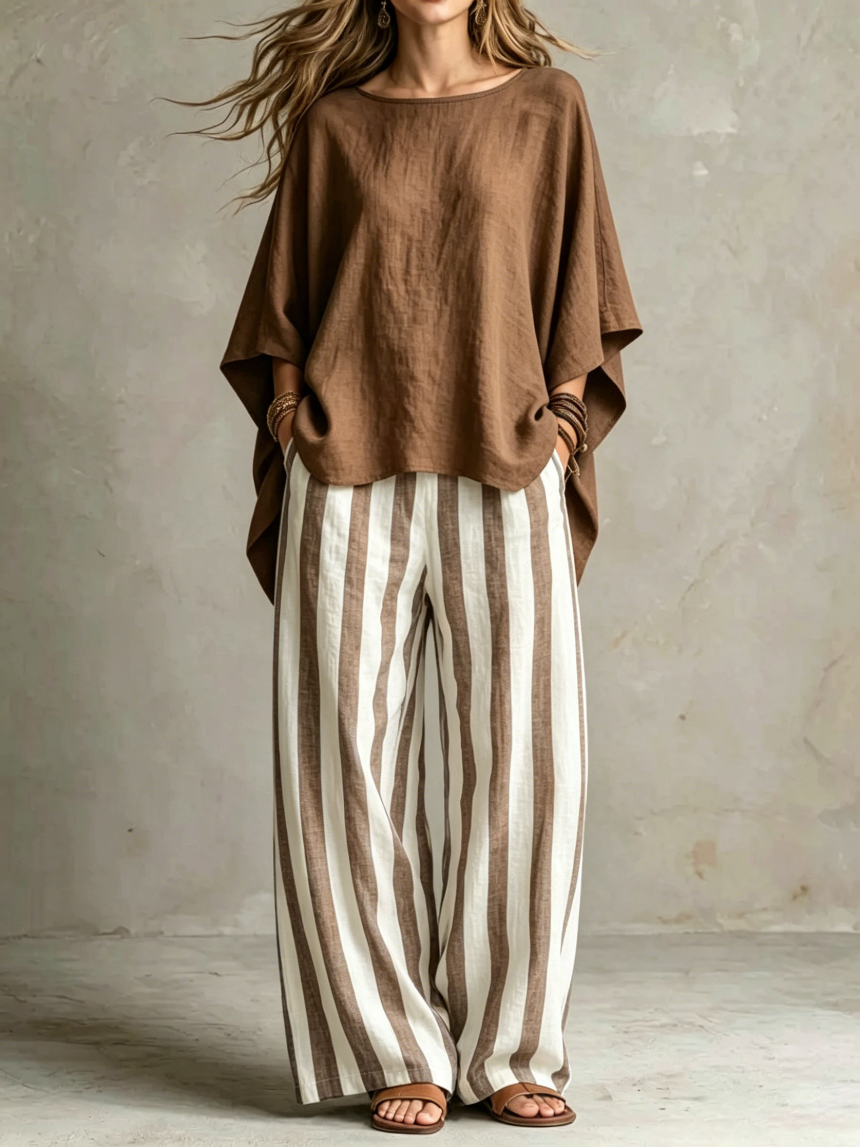 Ensemble ample en lin rayé à larges jambes pour femme