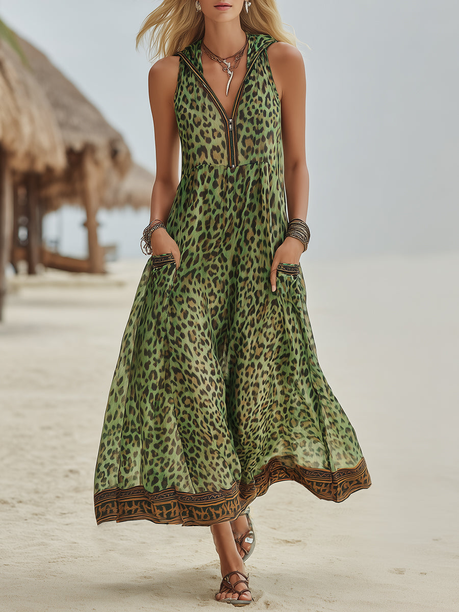 🌷🌷 Robe midi femme – Léopard vert, capuche, style rétro décontracté