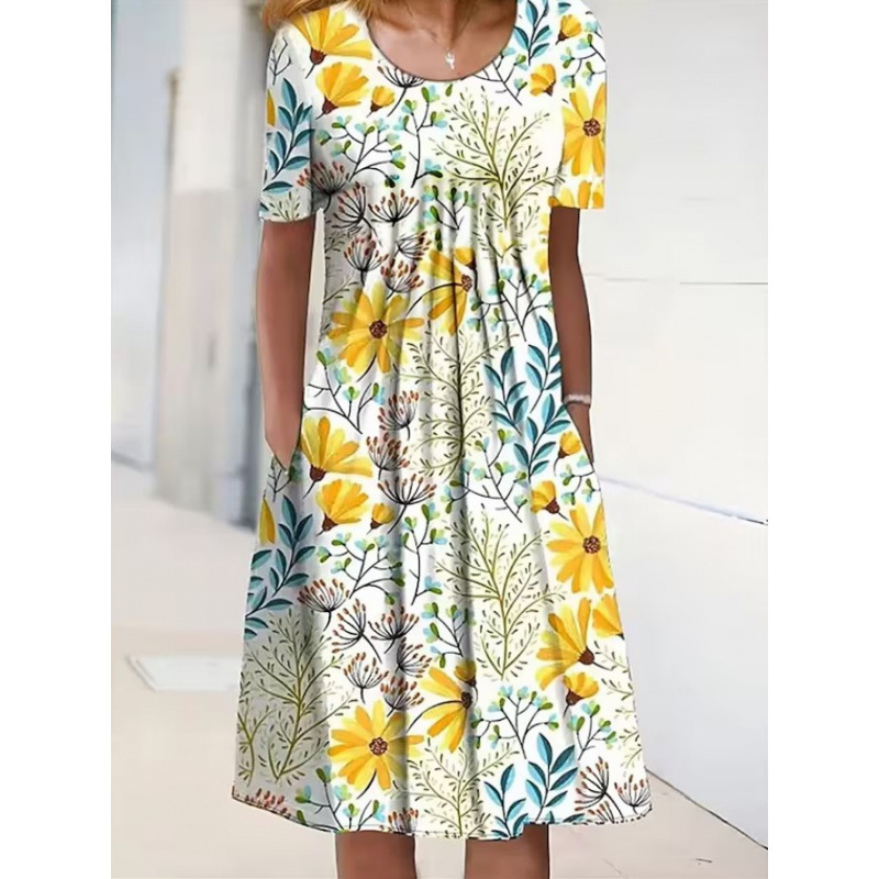 Robe femme col rond, manches courtes et imprimé floral