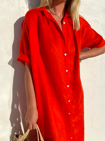 ❤️ Fête des Mères – Robe chemise en lin, boutonnée, coupe femme