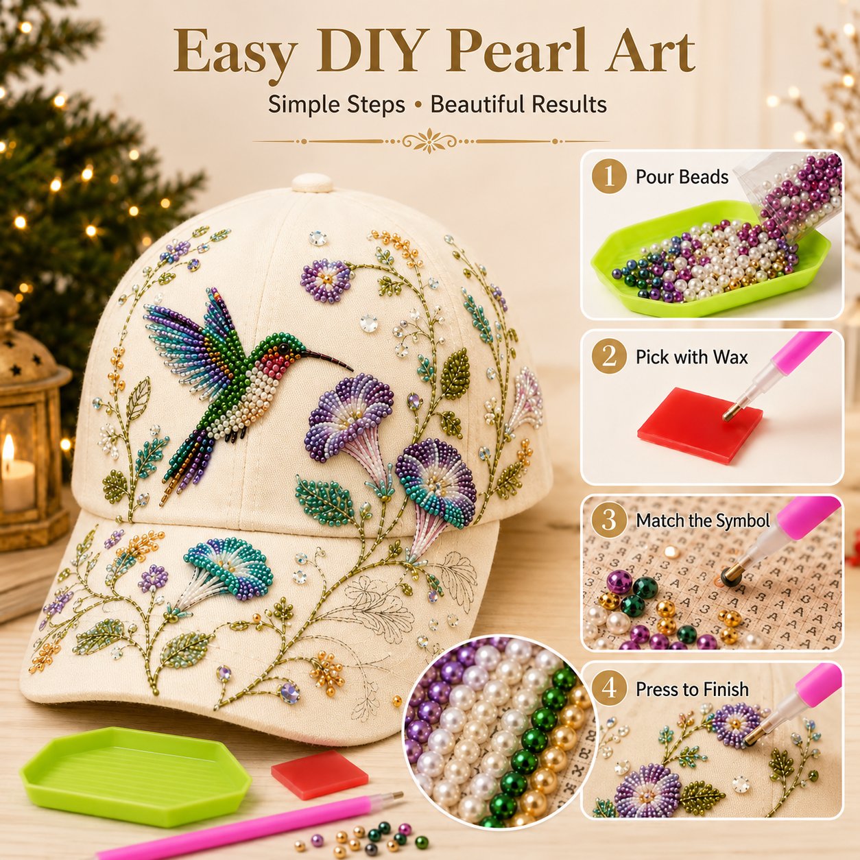 🧢🌸 Kit DIY Chapeau de Jardin Colibri Premium | Toile luxe, perles anti-rayures indécolorables🌿🪡✨