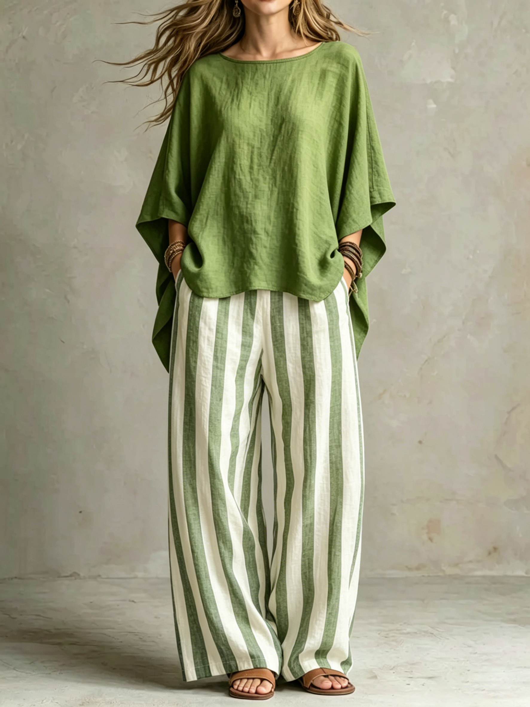 Ensemble ample en lin rayé à larges jambes pour femme