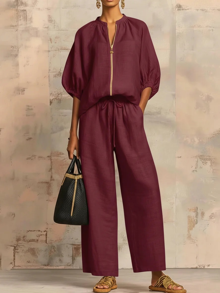 🔥 Nouveauté – Ensemble 2 pièces coton-lin, chemise zippée stylée + pantalon à larges jambes