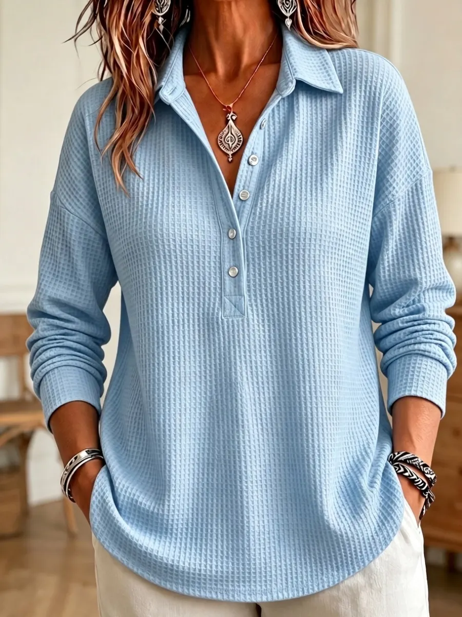 Nouveauté 🔥 Haut femme maille gaufrée – Col Henley, manches longues, style décontracté