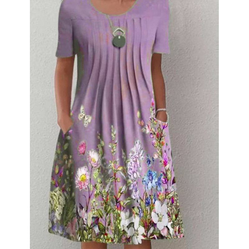 Robe femme col rond, manches courtes et imprimé floral