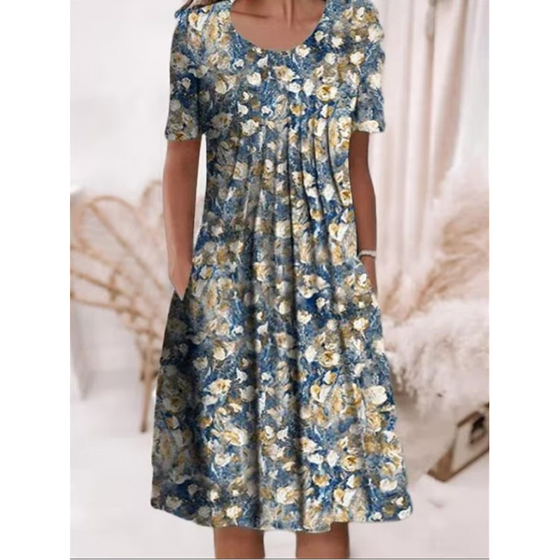 Robe femme col rond, manches courtes et imprimé floral