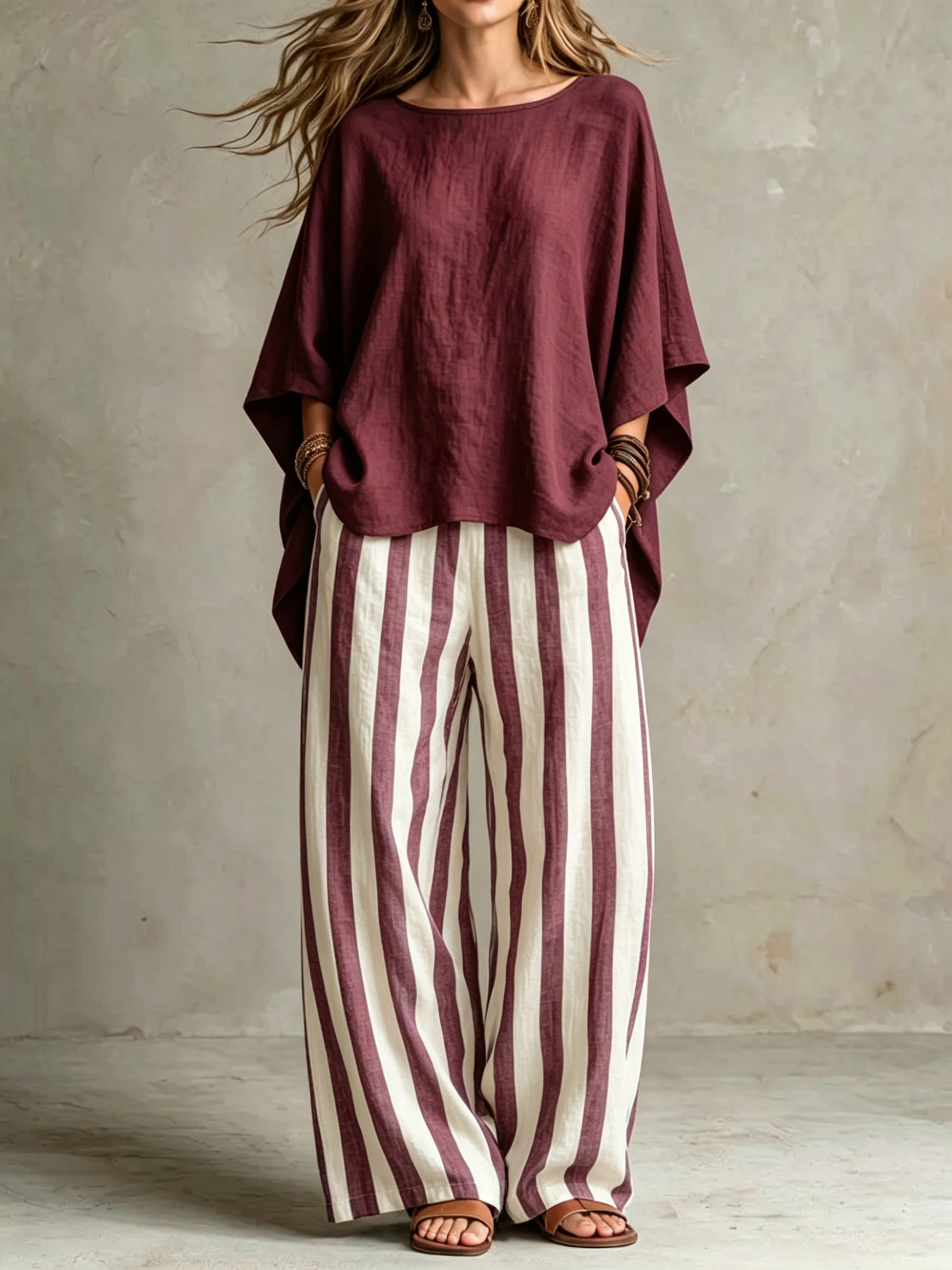 Ensemble ample en lin rayé à larges jambes pour femme