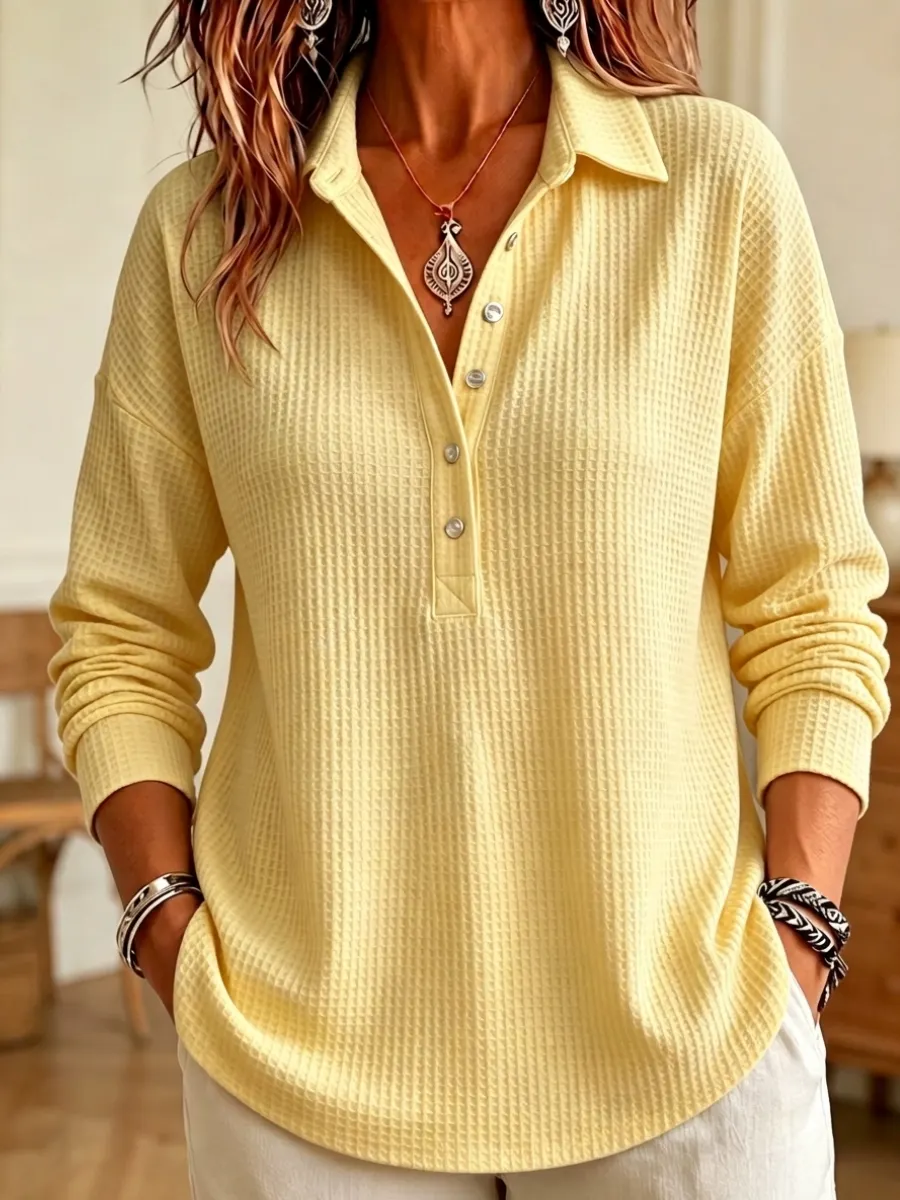 Nouveauté 🔥 Haut femme maille gaufrée – Col Henley, manches longues, style décontracté