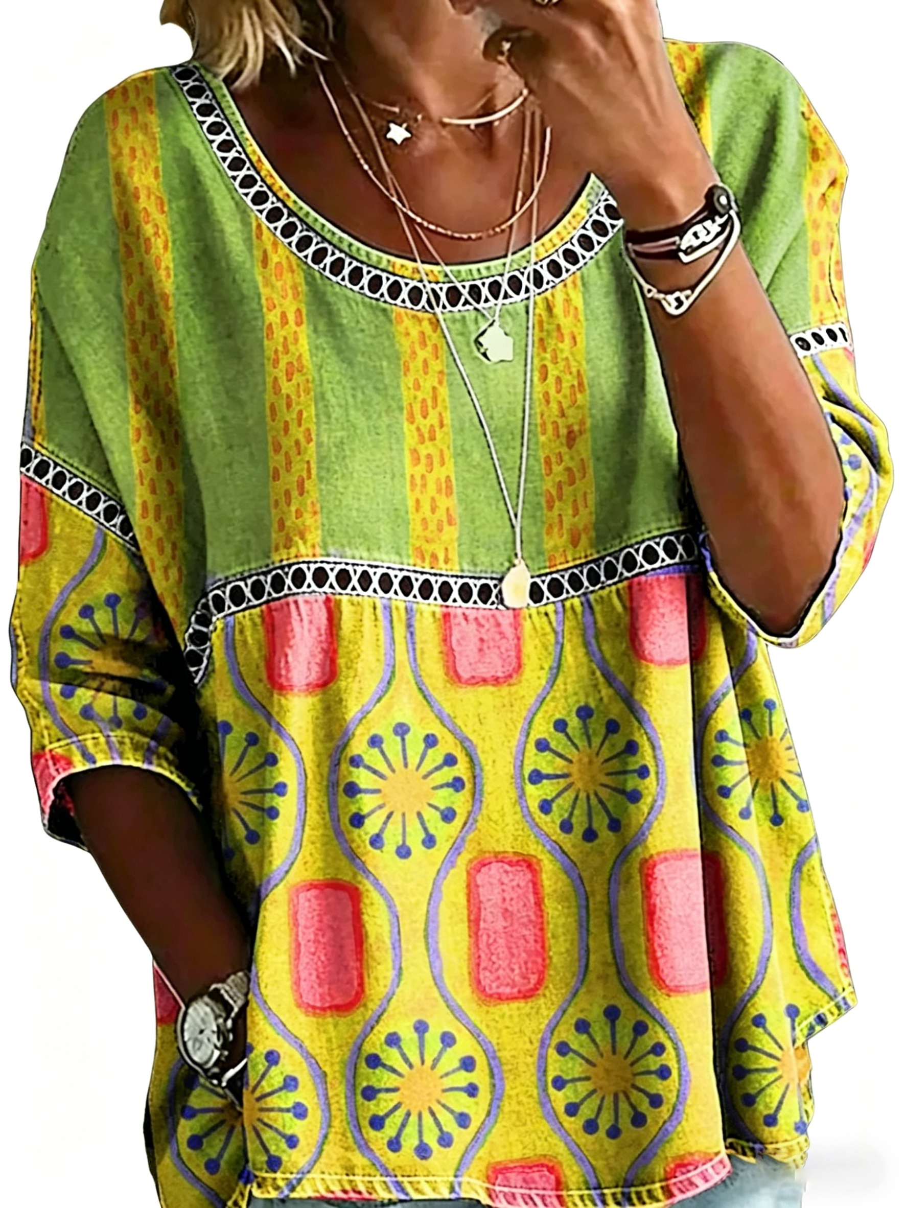 Blouse décontractée vintage pour femme, imprimé abstrait et coupe ample