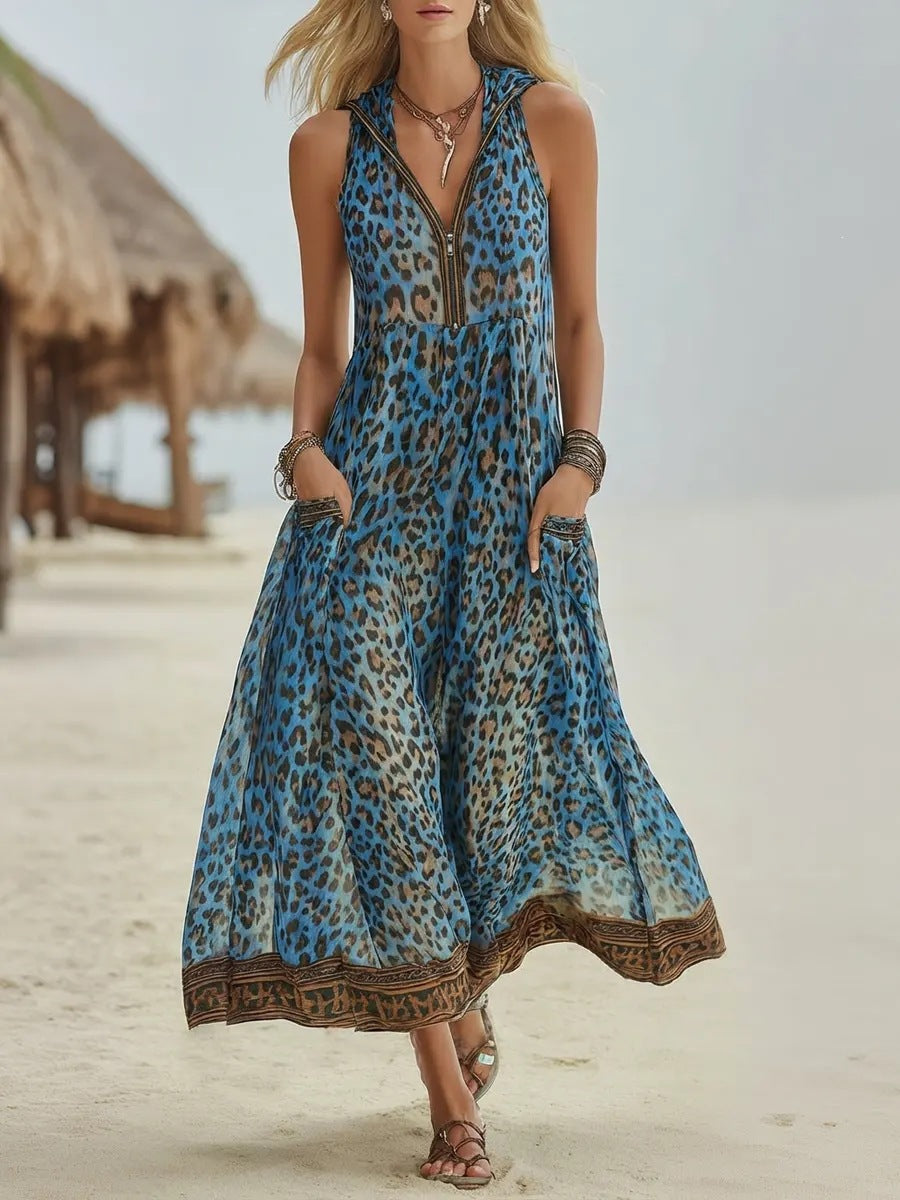 🌷🌷 Robe midi femme – Léopard vert, capuche, style rétro décontracté