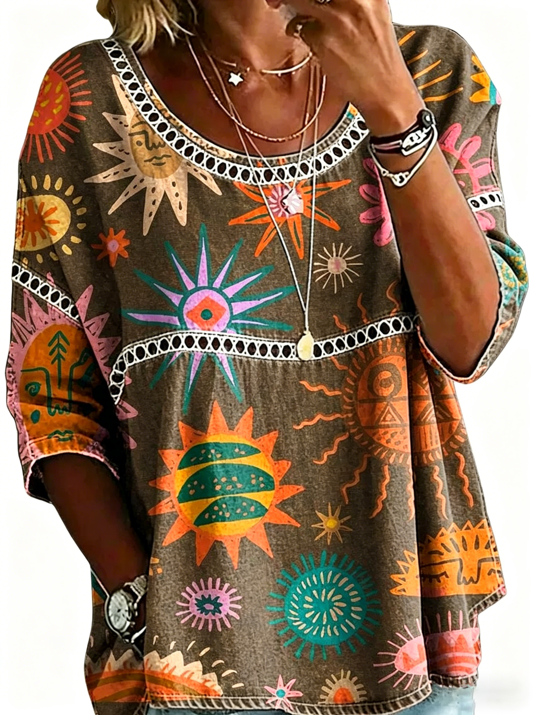 Blouse décontractée vintage pour femme, imprimé abstrait et coupe ample