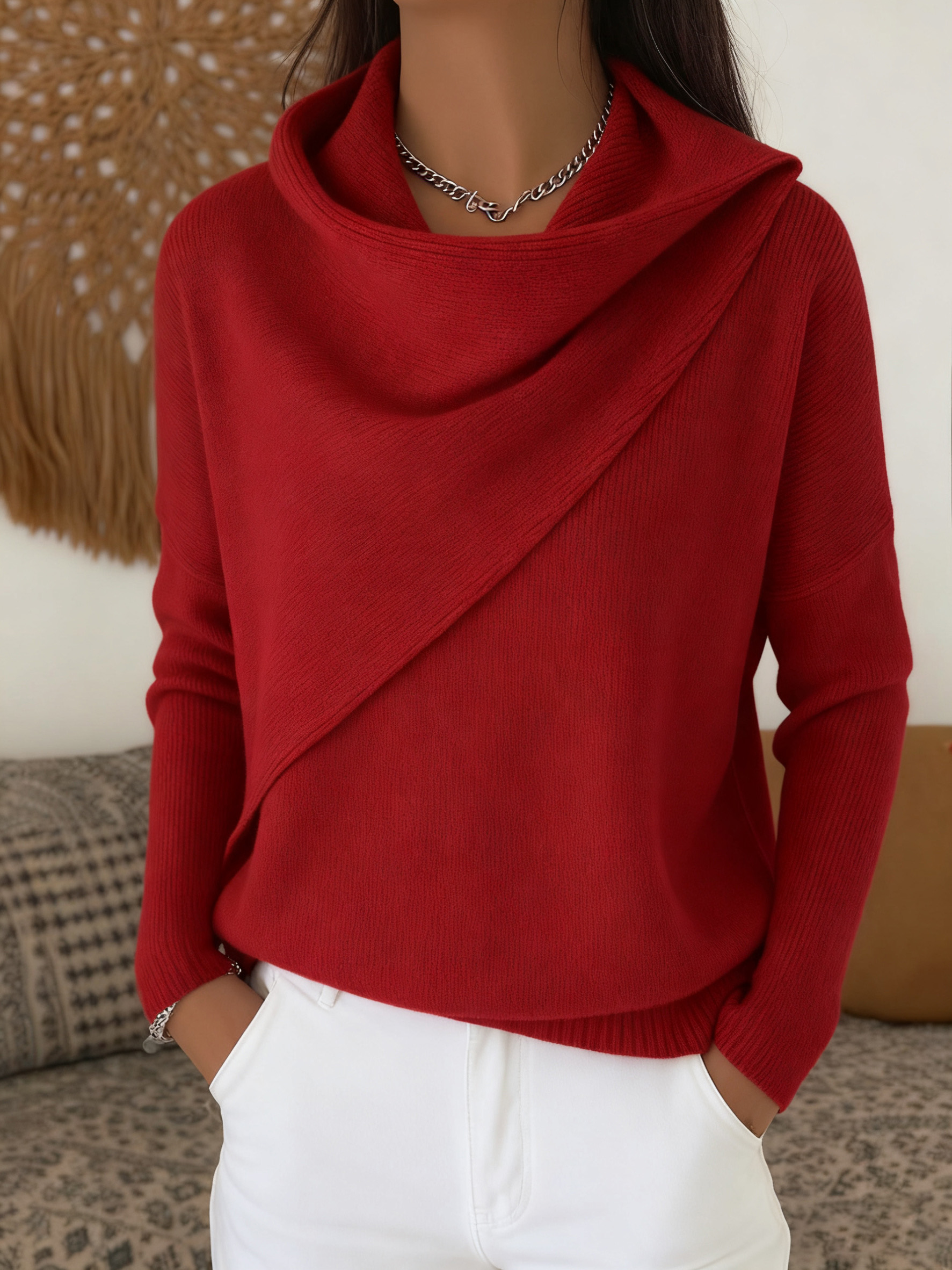 Pull femme uni à col volanté, tissu doux