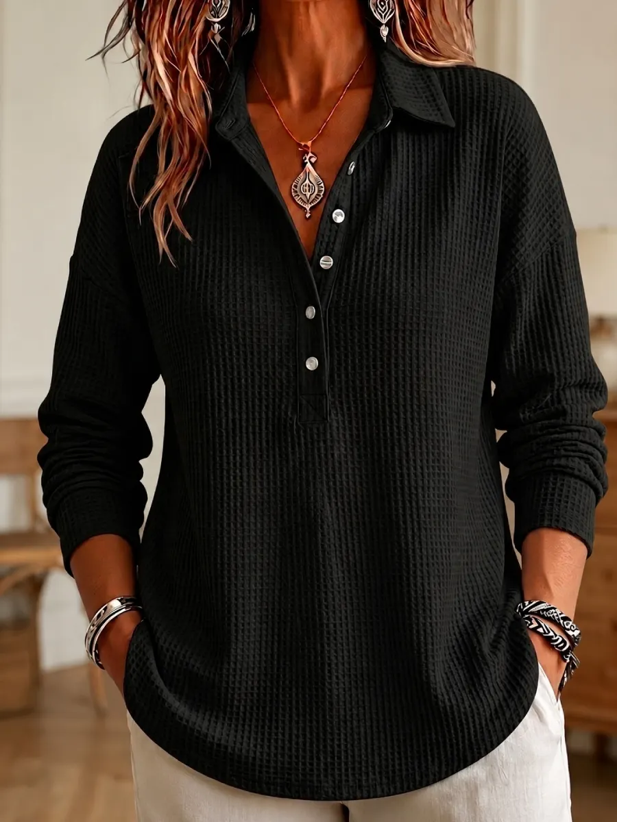 Nouveauté 🔥 Haut femme maille gaufrée – Col Henley, manches longues, style décontracté