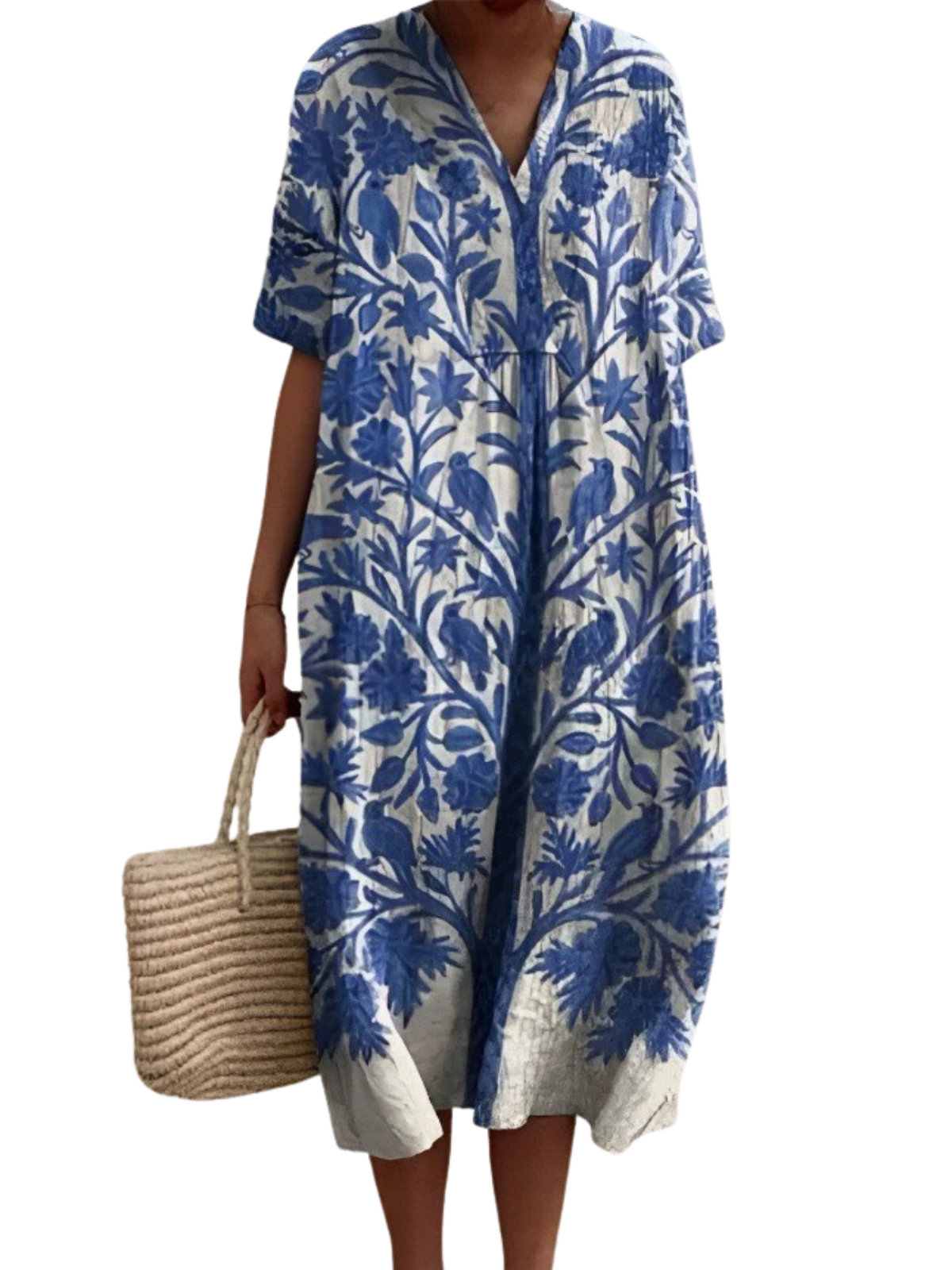 ❤️ Fête des Mères – Robe midi coton-lin, col V, motifs patchwork