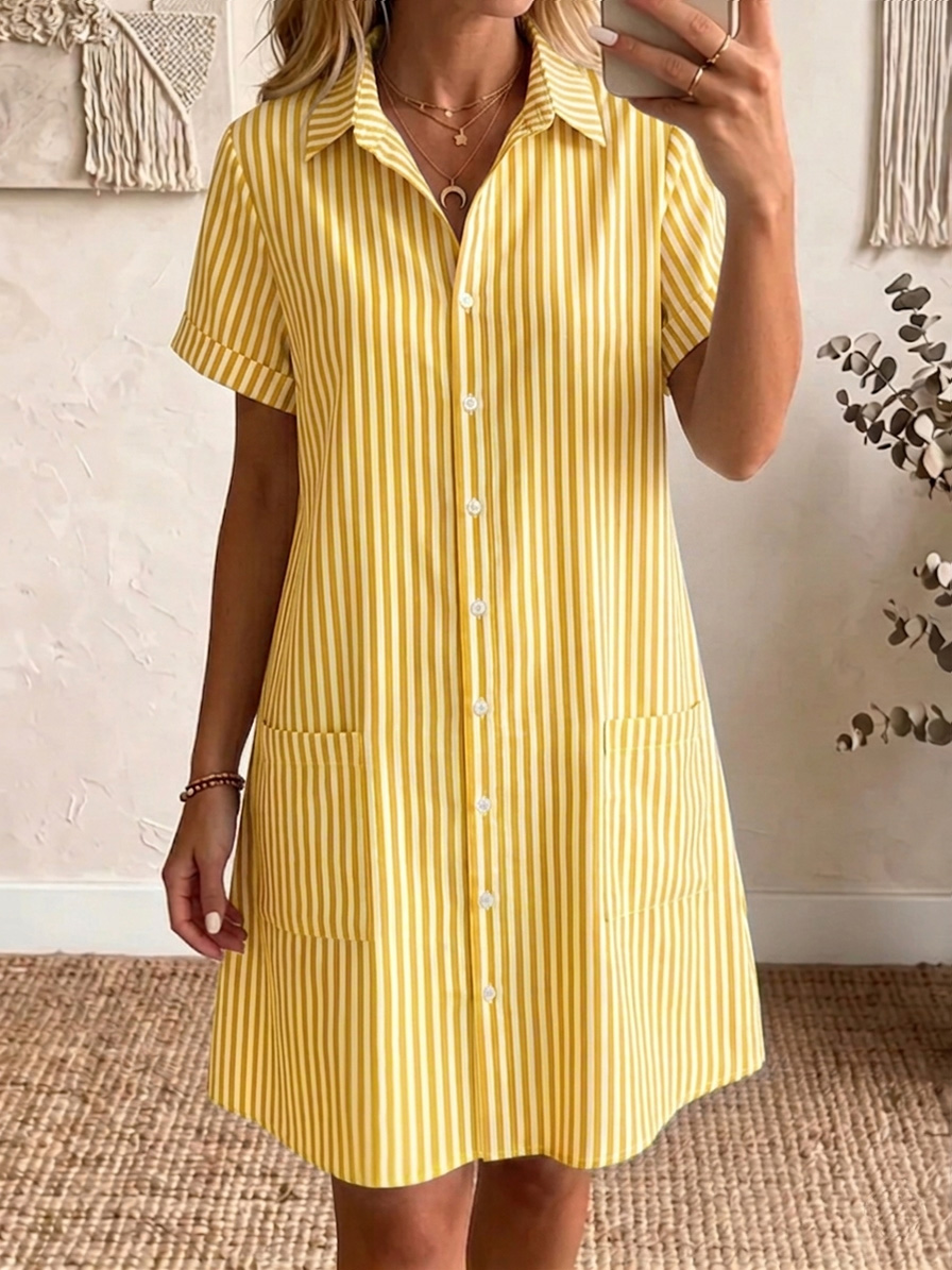 🔥 -49 % aujourd'hui – Robe chemise coton-lin, col classique, rayée, coupe confortable