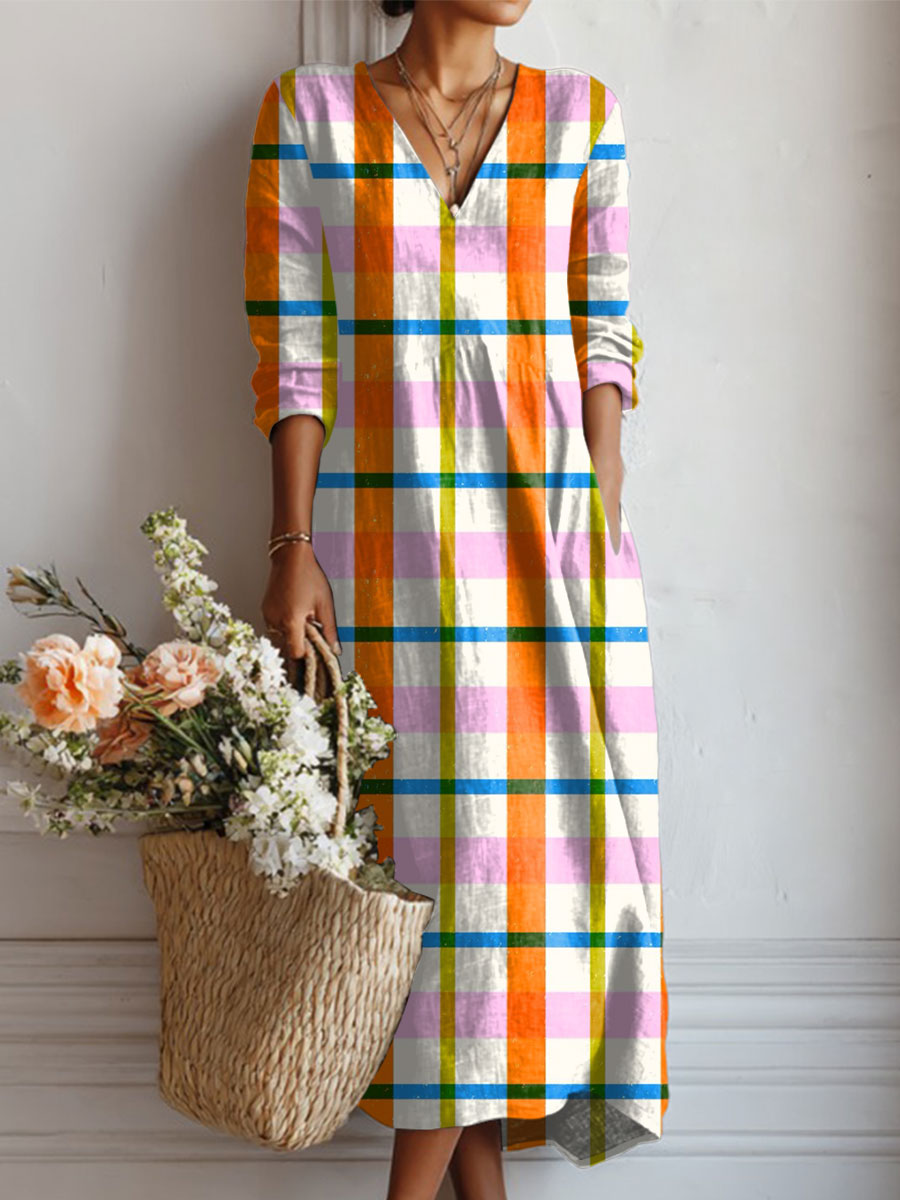 Robe midi coton-lin – Col V, plaid bicolore, style colorblock