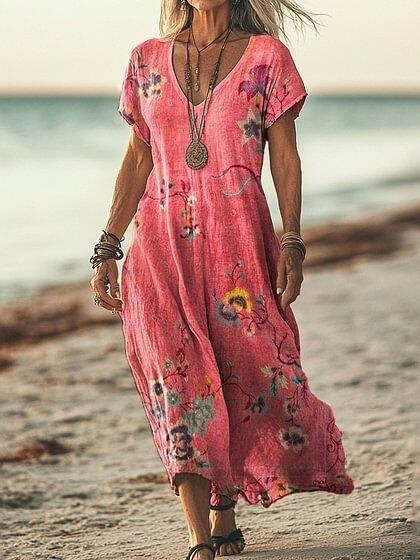 Robe décontractée femme à manches courtes, imprimé floral printanier et col V