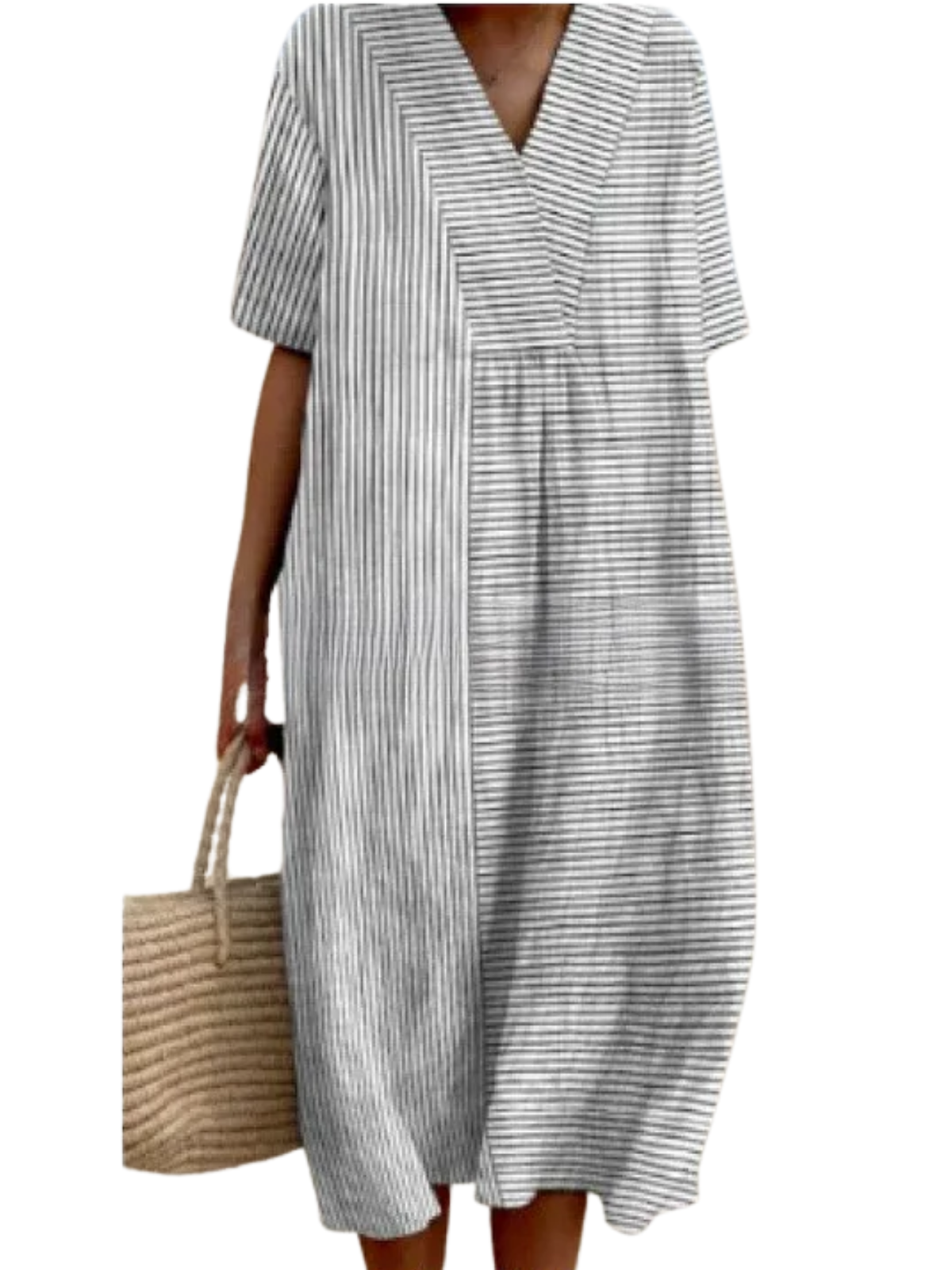 ❤️ Fête des Mères – Robe midi coton-lin, col V, motifs patchwork