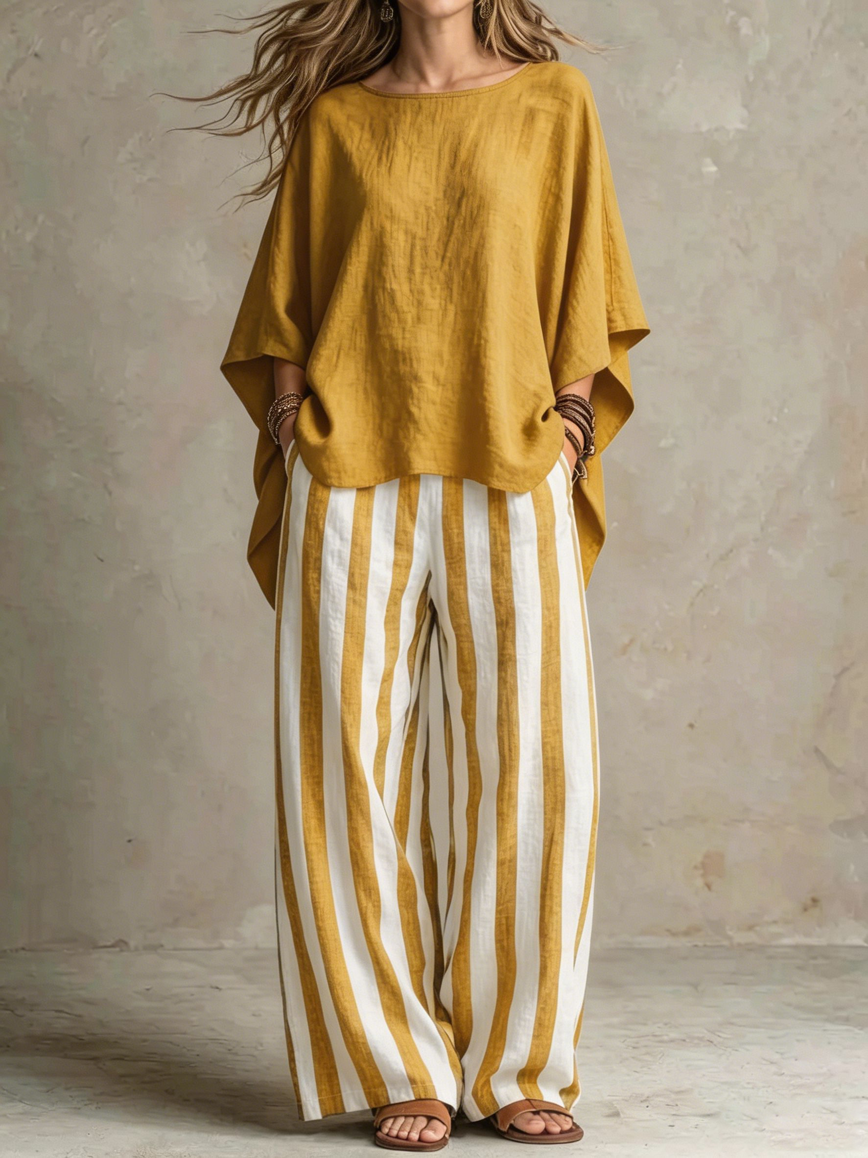 Ensemble ample en lin rayé à larges jambes pour femme