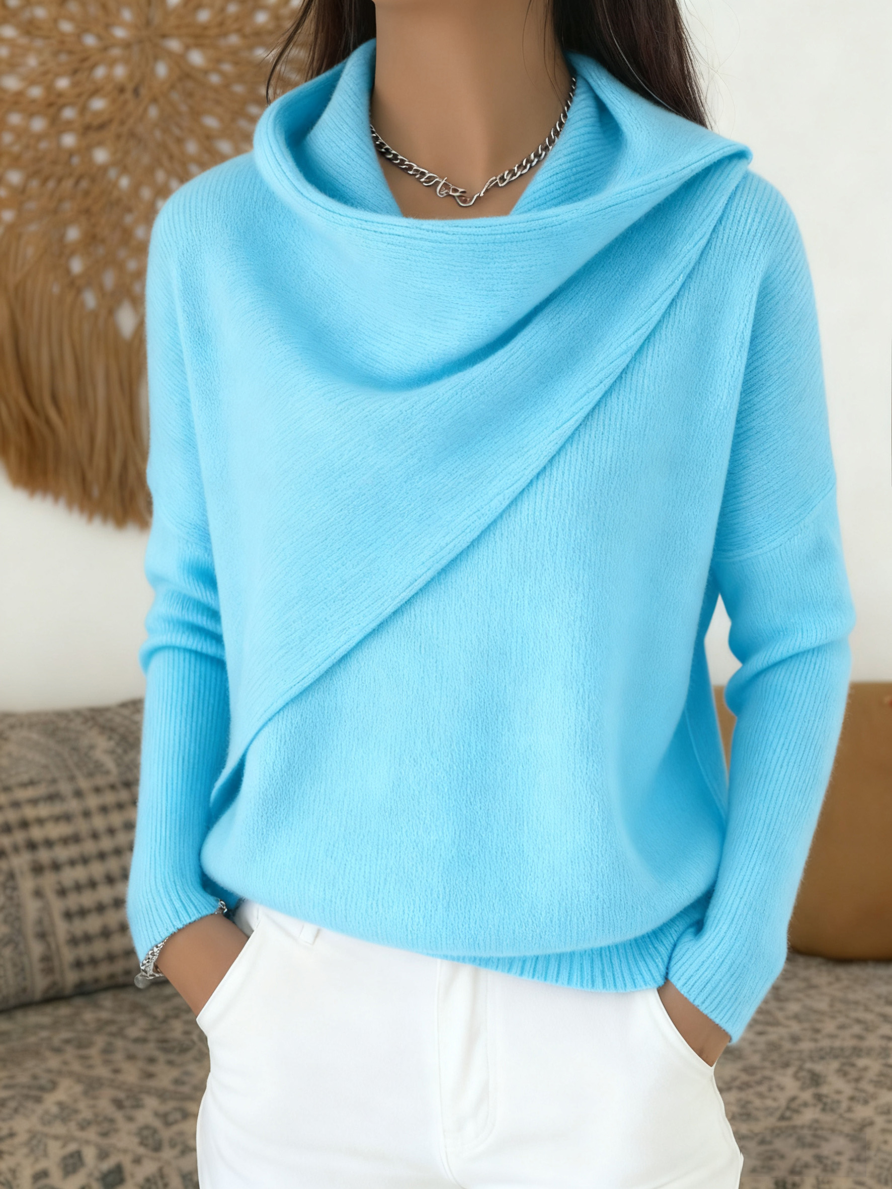 Pull femme uni à col volanté, tissu doux
