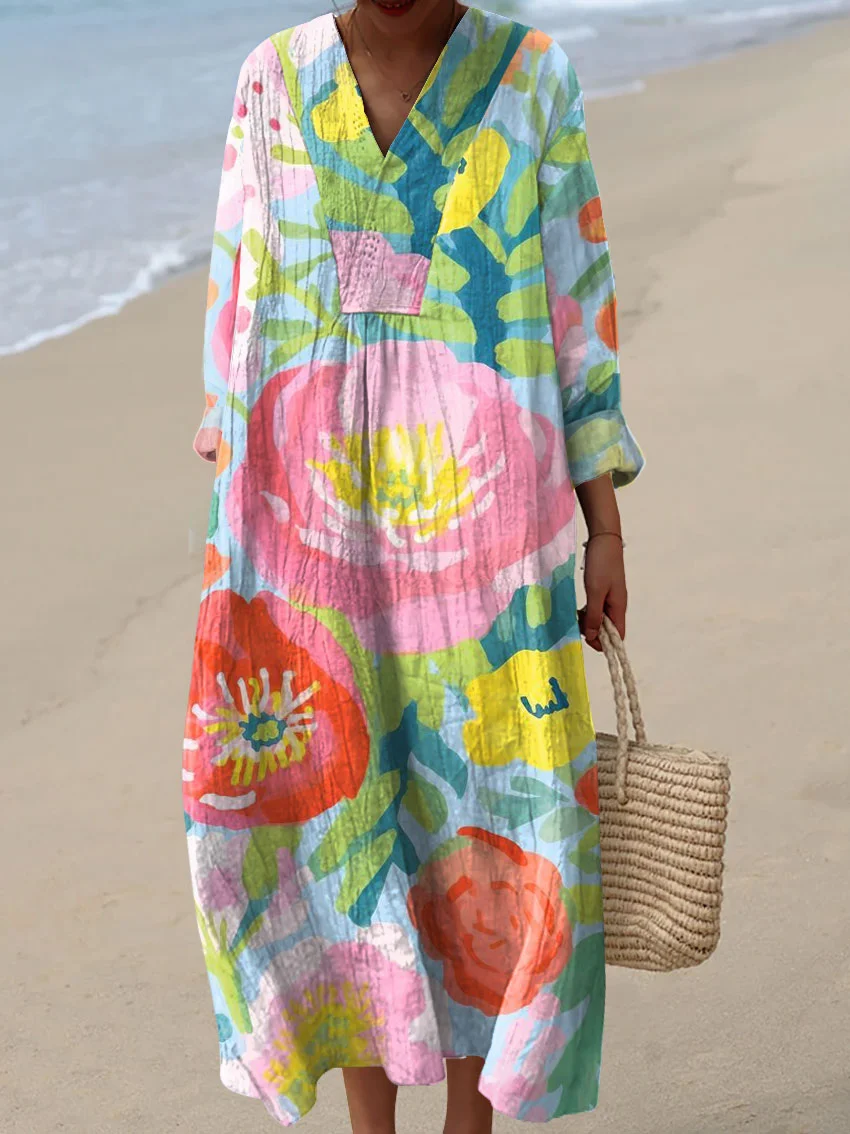 ❤️ Fête des Mères – Robe midi coton-lin, col V, motifs patchwork