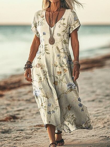 Robe décontractée femme à manches courtes, imprimé floral printanier et col V