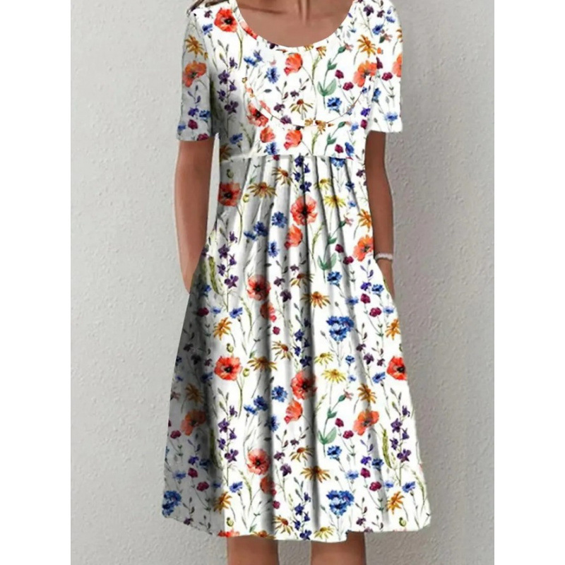Robe femme col rond, manches courtes et imprimé floral