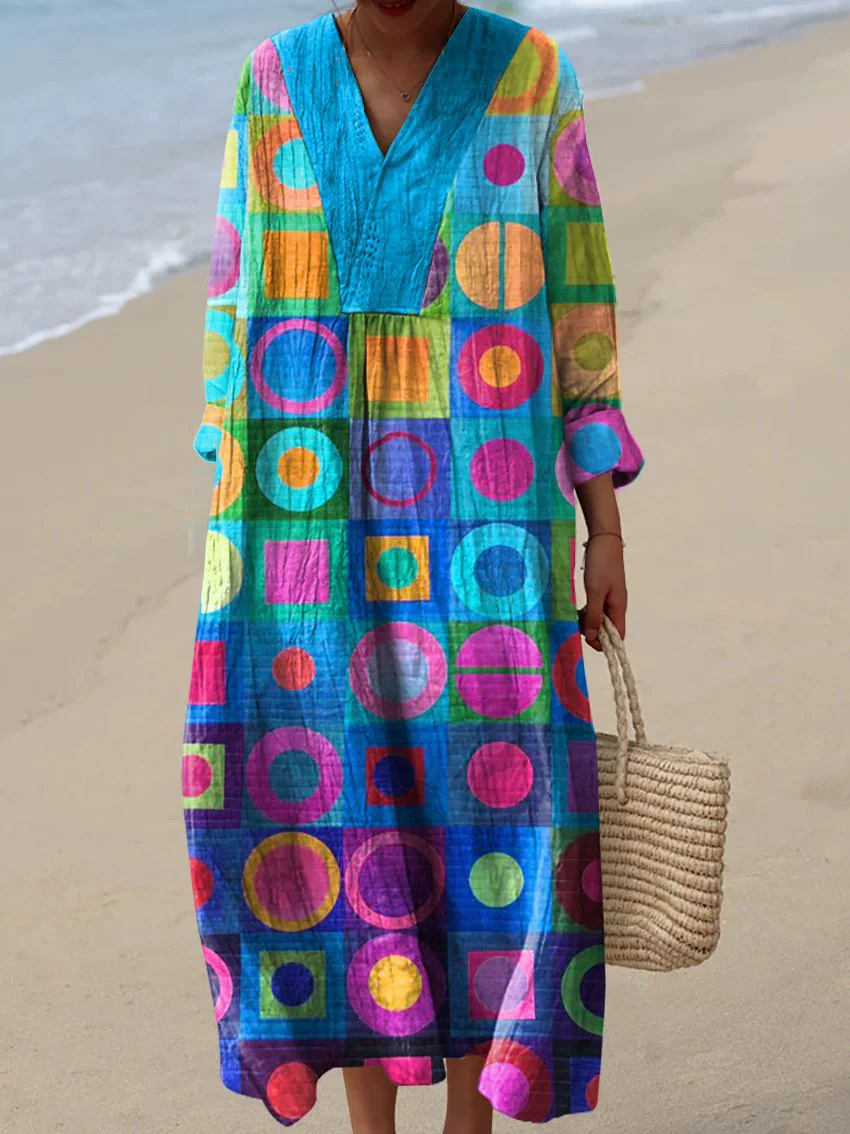 ❤️ Fête des Mères – Robe midi coton-lin, col V, motifs patchwork
