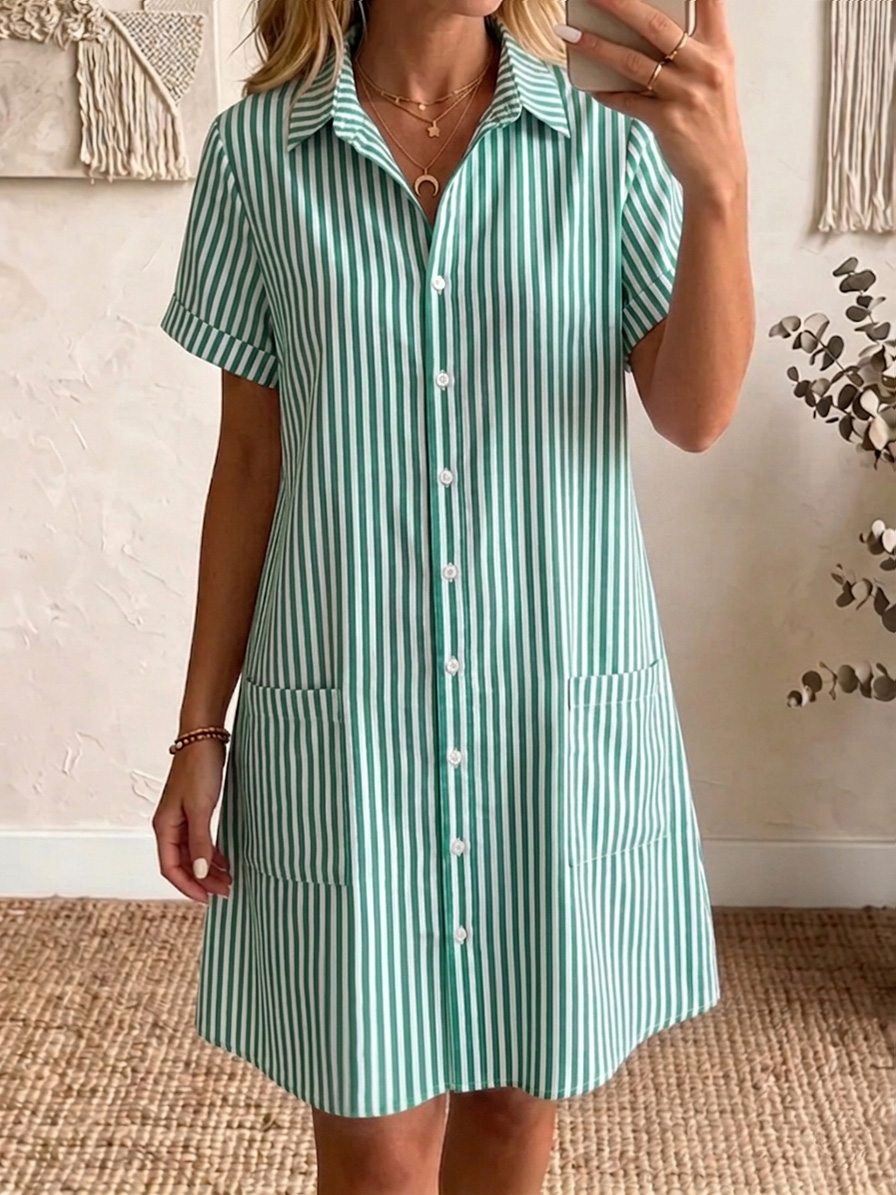 🔥 -49 % aujourd'hui – Robe chemise coton-lin, col classique, rayée, coupe confortable