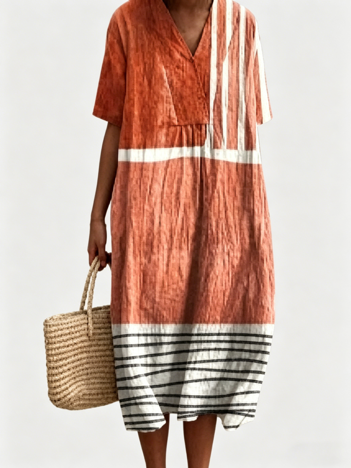 ❤️ Fête des Mères – Robe midi coton-lin, col V, motifs patchwork