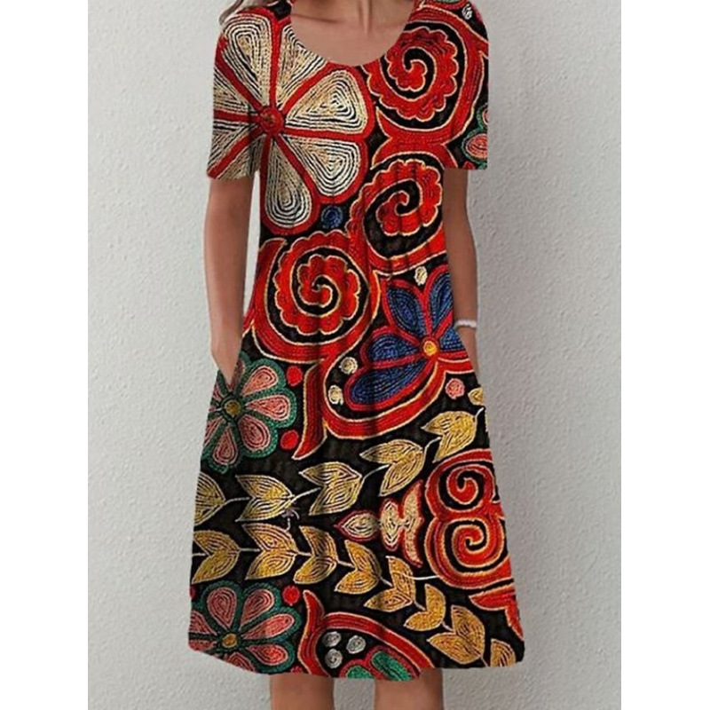 Robe femme col rond, manches courtes et imprimé floral