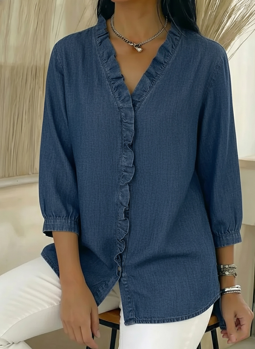 🔥 Nouveauté – Chemise denim col V à volants, coupe décontractée