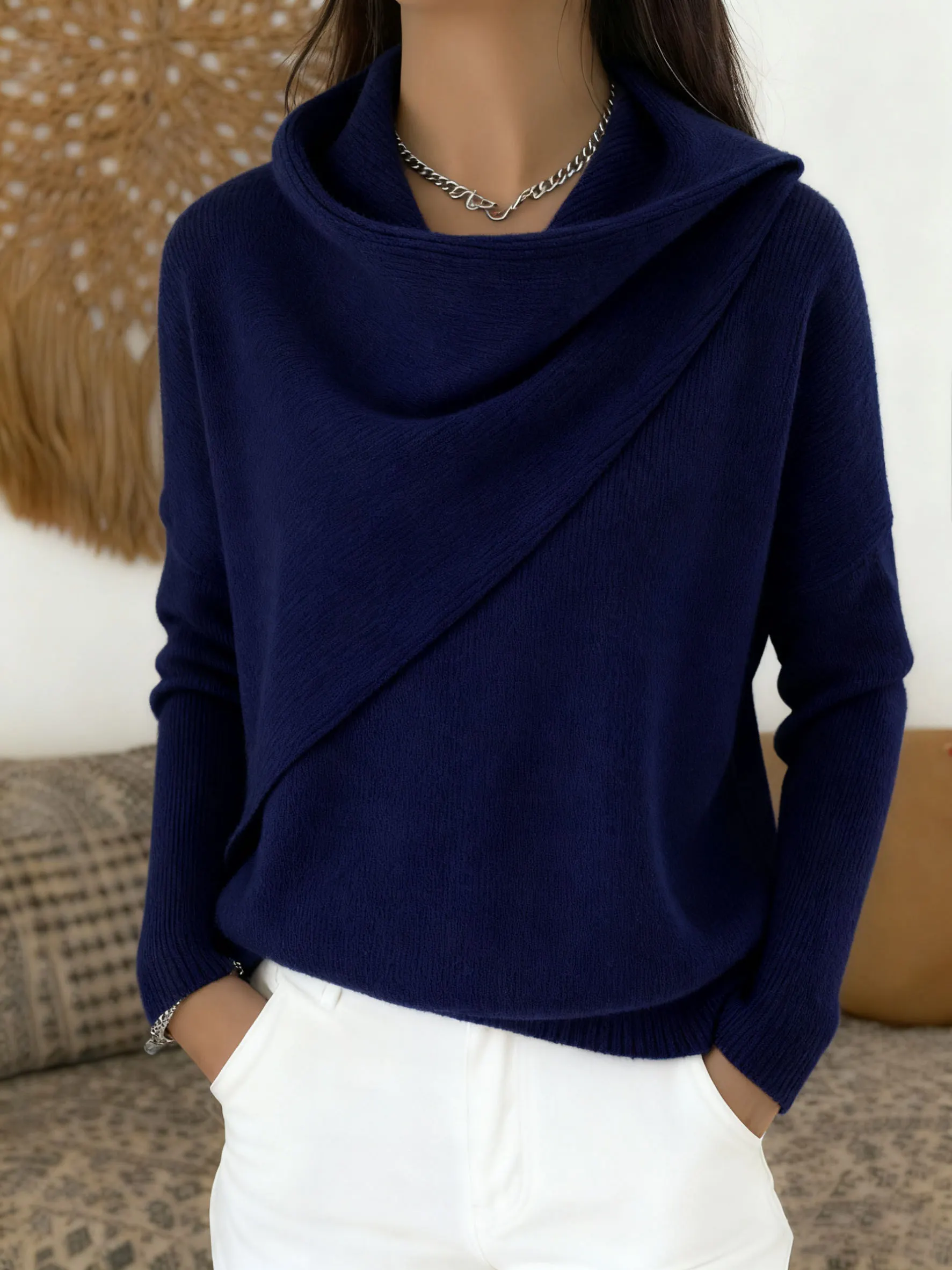 Pull femme uni à col volanté, tissu doux