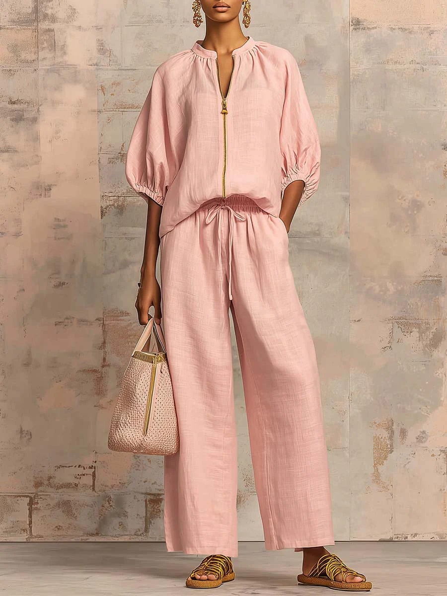 🔥 Nouveauté – Ensemble 2 pièces coton-lin, chemise zippée stylée + pantalon à larges jambes