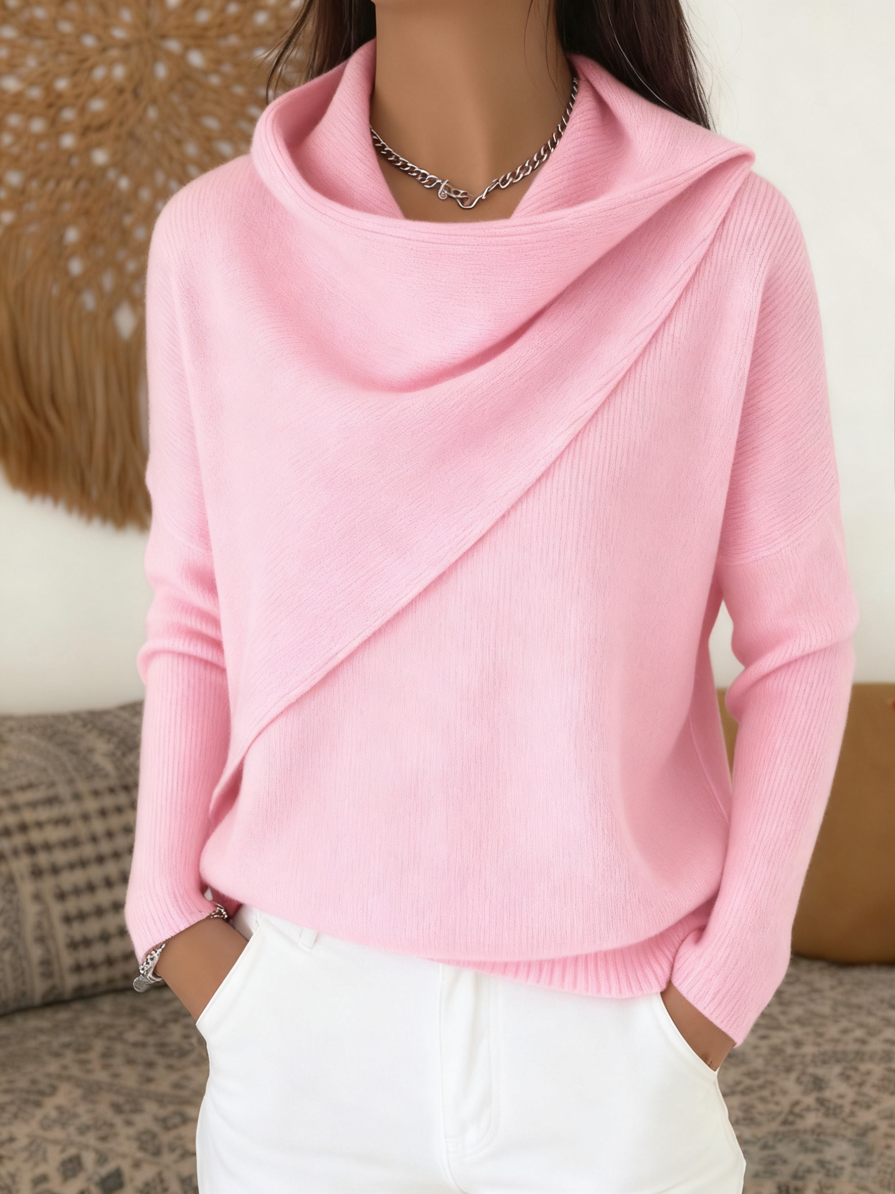 Pull femme uni à col volanté, tissu doux