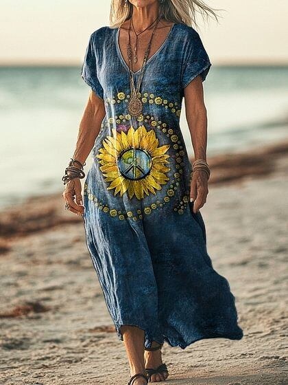Robe décontractée femme à manches courtes, imprimé floral printanier et col V