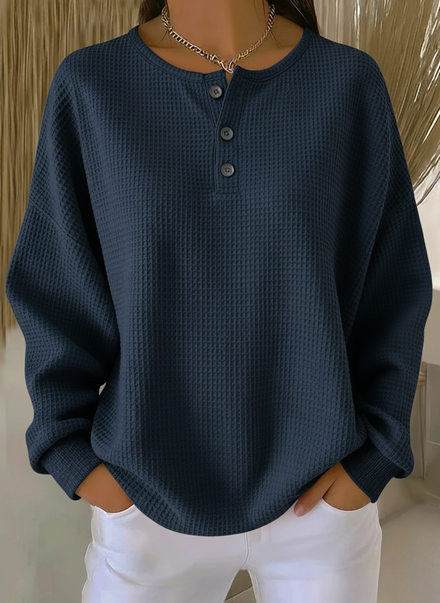 Nouveautés 🔥 Sweat à capuche décontracté femme, col Henley, maille gaufrée