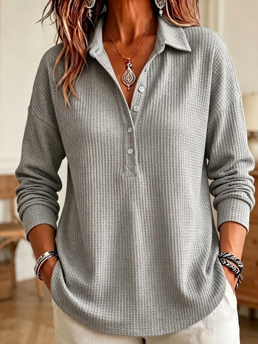 Nouveauté 🔥 Haut femme maille gaufrée – Col Henley, manches longues, style décontracté