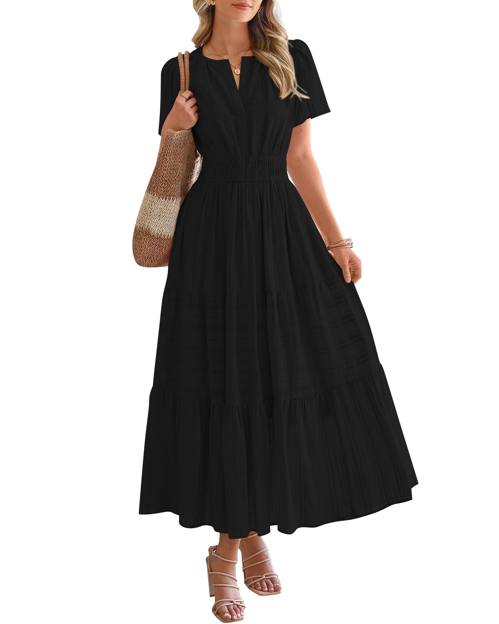 Robe midi coton-lin – Col V, volants superposés, coupe femme