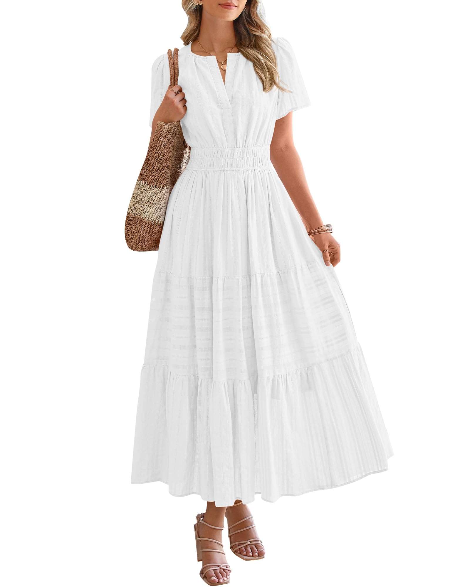 Robe midi coton-lin – Col V, volants superposés, coupe femme