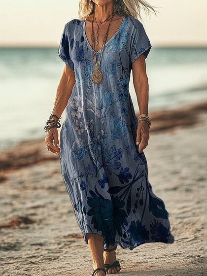 Robe décontractée femme à manches courtes, imprimé floral printanier et col V