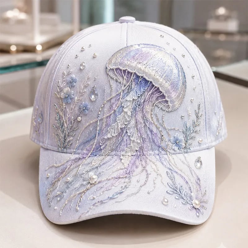 🌊 Casquette 3D brodée – Créatures marines | Perles & cristaux, taille ajustable – Plage, voyage & quotidien