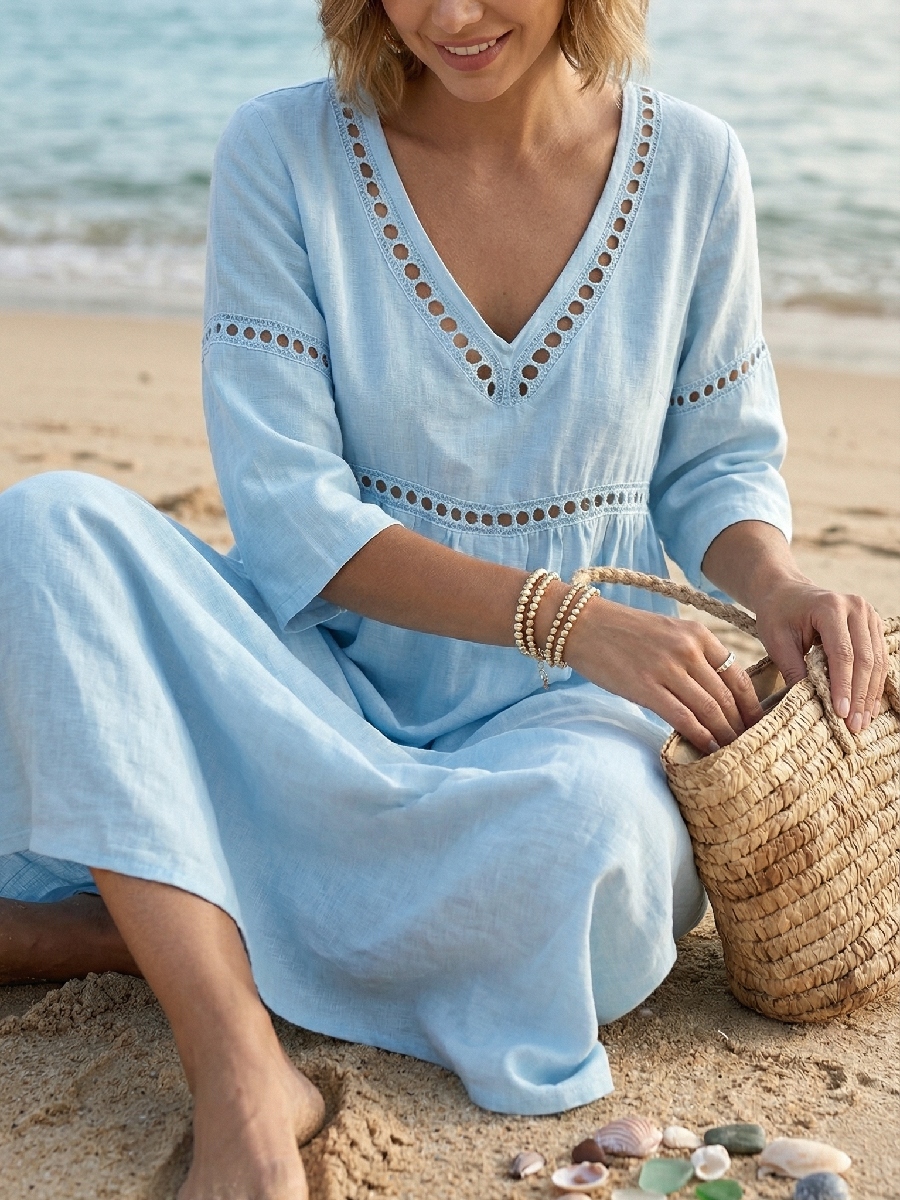 🌷🌷 Robe maxi décontractée femme – Art patchwork en denim et organza, col rétro