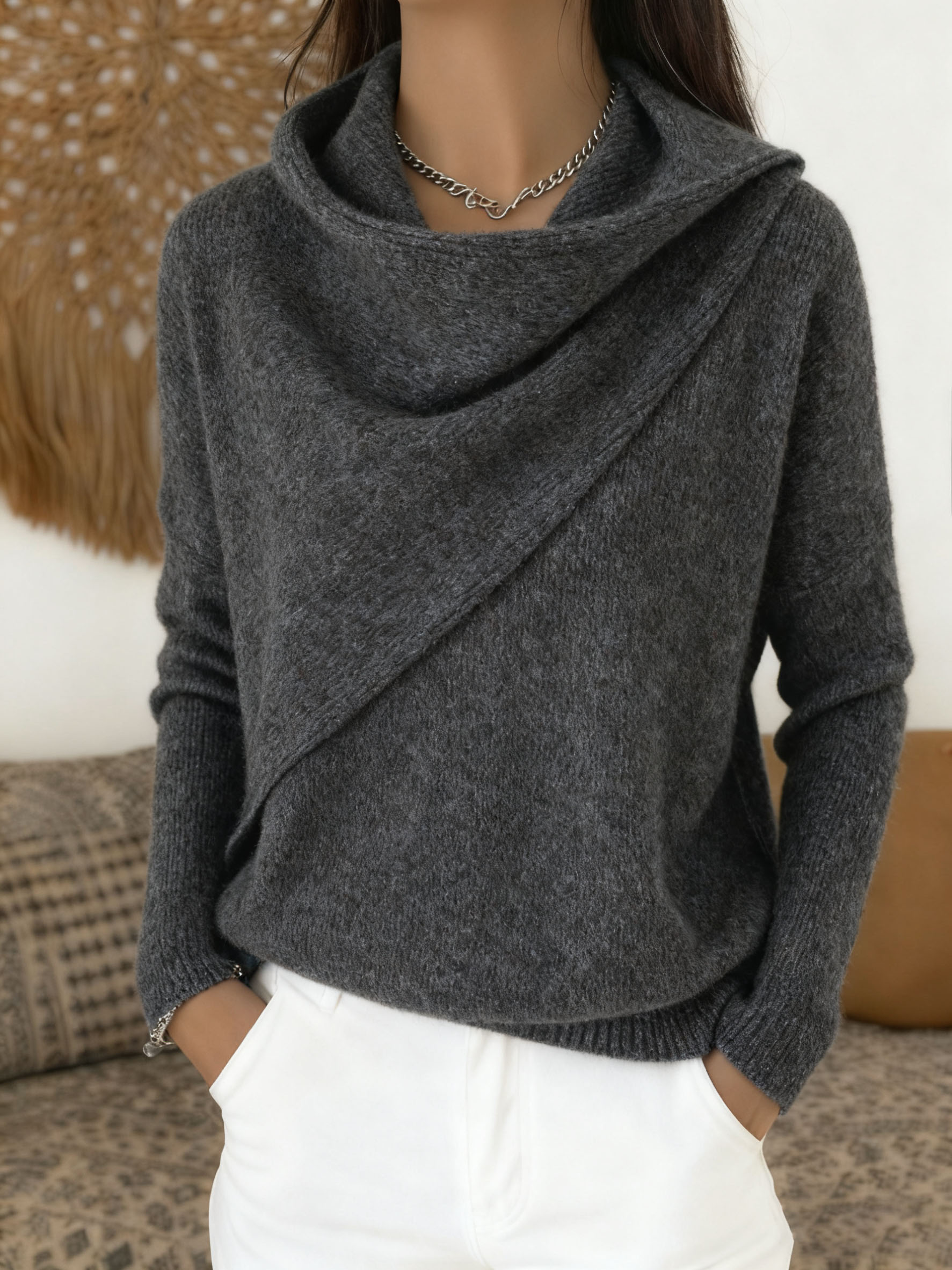 Pull femme uni à col volanté, tissu doux